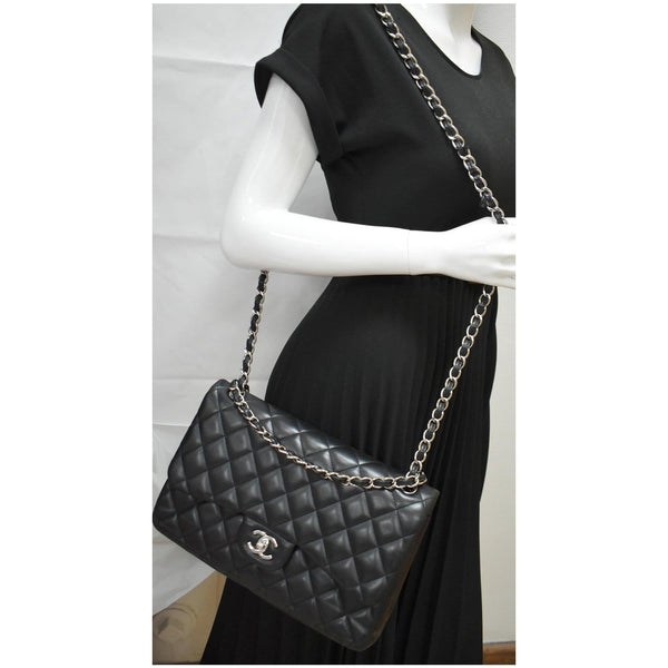 CHANEL Jumbo Double Flap Lambskin Leather Shoulder Bag Black