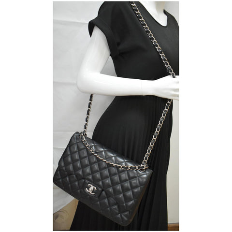 CHANEL Jumbo Double Flap Lambskin Leather Shoulder Bag Black