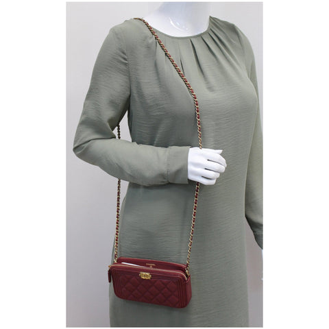 CHANEL Small Boy Caviar Quilted Clutch With Chain Shoulder Bag Red