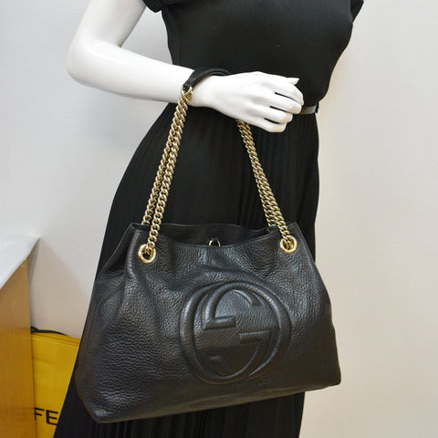 GUCCI Soho Pebbled Leather Chain Shoulder Bag Black 308982