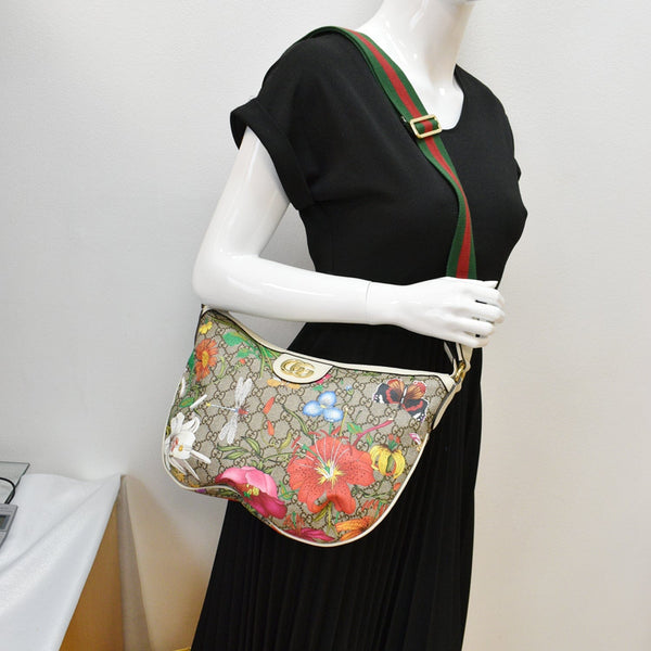 GUCCI Ophidia Half Moon Small Flora GG Canvas Hobo Bag Beige 626509