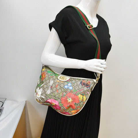 GUCCI Ophidia Half Moon Small Flora GG Canvas Hobo Bag Beige 626509