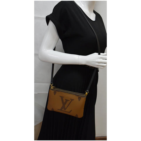 LOUIS VUITTON Double Zip Pochette Reverse Monogram Giant Shoulder Bag Brown