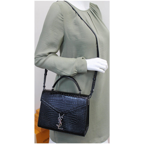 YVES SAINT LAURENT Cassandra Top Handle Embossed Shoulder Bag Black
