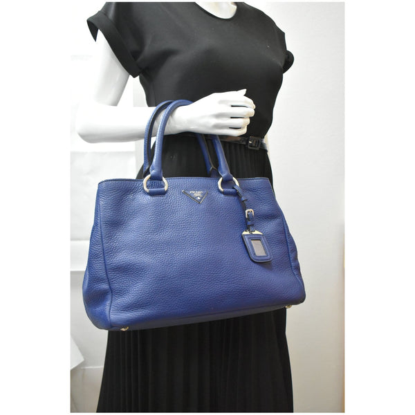 PRADA Vitello Daino Pebbled Leather Tote Bag Blue