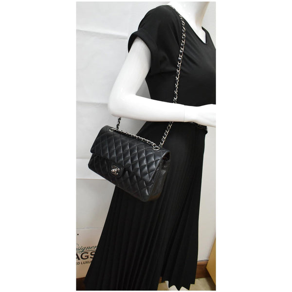 CHANEL Classic Double Flap Medium Leather Shoulder Bag Black