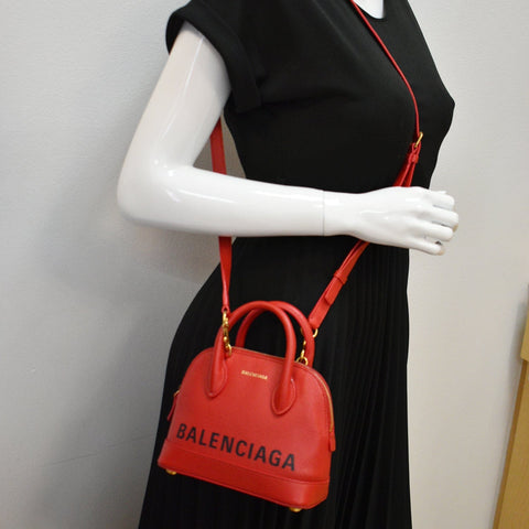 BALENCIAGA Ville Dome Leather Top Handle Crossbody Bag Red
