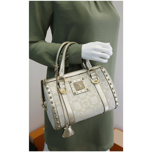 VERSACE Snap Out Of It Medusa Jacquard Boston Handbag Silver