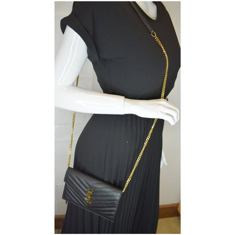 YVES SAINT LAURENT Envelope Monogram Leather Crossbody Chain Wallet Black