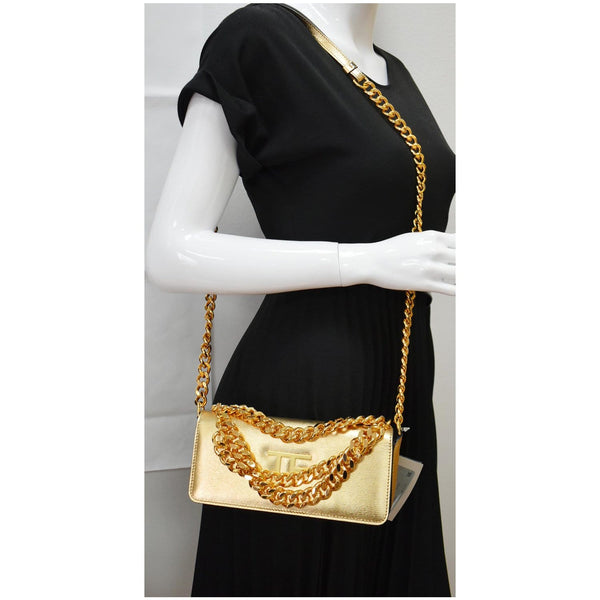 TOM FORD Triple Chain Small Embellished Metallic Leather Shoulder Bag Gold