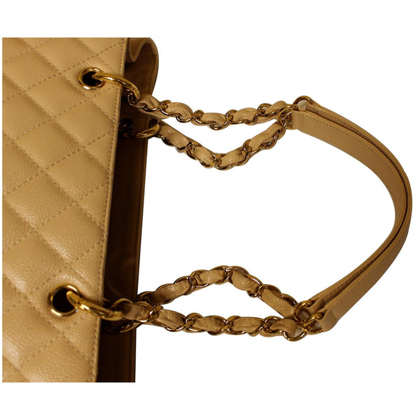 CHANEL Grand Shopping Caviar Leather Tote Shoulder Bag Beige