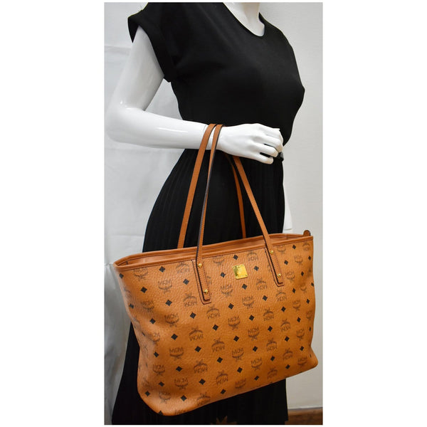 MCM Medium Anya Top Zip Visetos Canvas Shopper Tote Bag Cognac