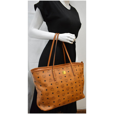 MCM Medium Anya Top Zip Visetos Canvas Shopper Tote Bag Cognac