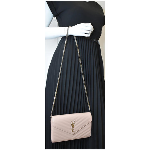 YVES SAINT LAURENT Monogram Grain De Poudre Chain Wallet Rose Pink