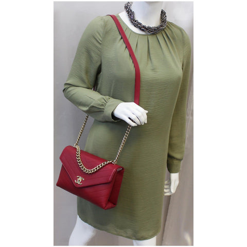 CHANEL Chevron Envelope Flap Lambskin Leather Shoulder Bag Red