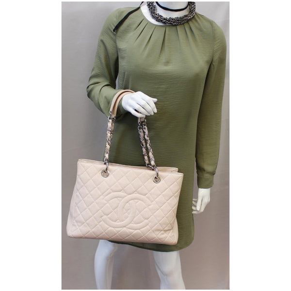 CHANEL Grand Shopping Caviar Leather Tote Shoulder Bag Blush Pink