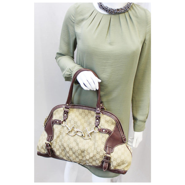 GUCCI Beige GG Canvas Horsebit Nail Medium Boston Bag