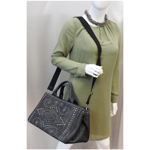 Prada Canapa Jeweled 2way Tote Bag in Denim- on Mannequin