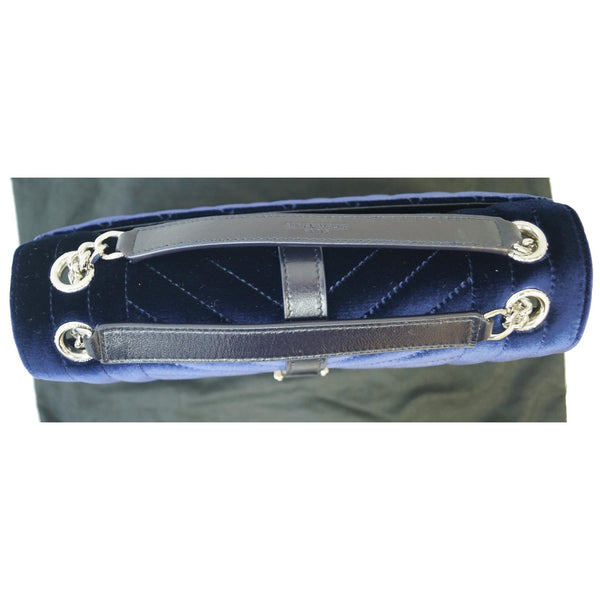 YVES SAINT LAURENT V Flap Tri-Quilt Velvet Shoulder Bag Navy Blue