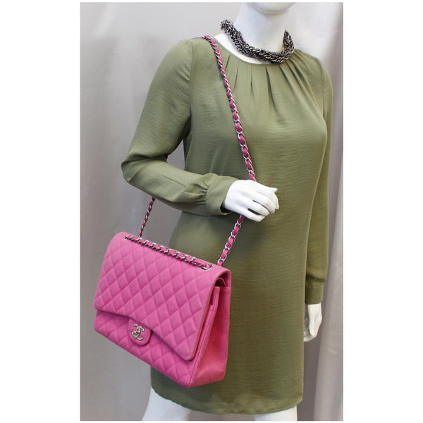 CHANEL Maxi Double Flap Caviar Leather Shoulder Bag Pink-US