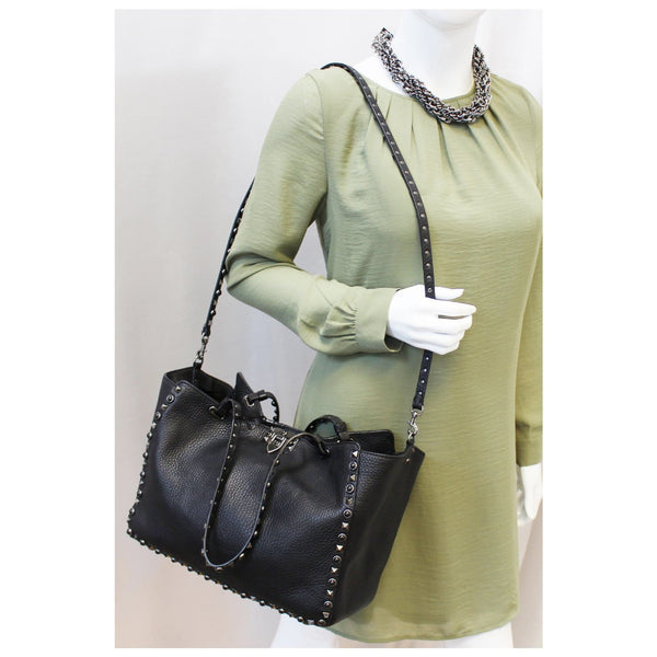 Valentino Rockstud Noir Black Leather Medium Tote Shoulder Bag-US