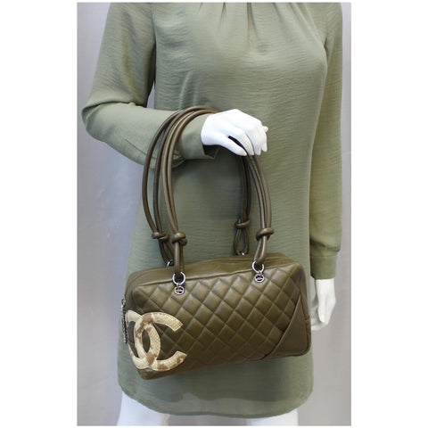 CHANEL Cambon Line Leather Shoulder Bag Dark Green