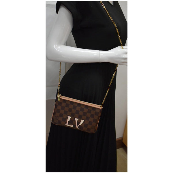 LOUIS VUITTON Double Zip Pochette Damier Ebene Crossbody Bag Brown