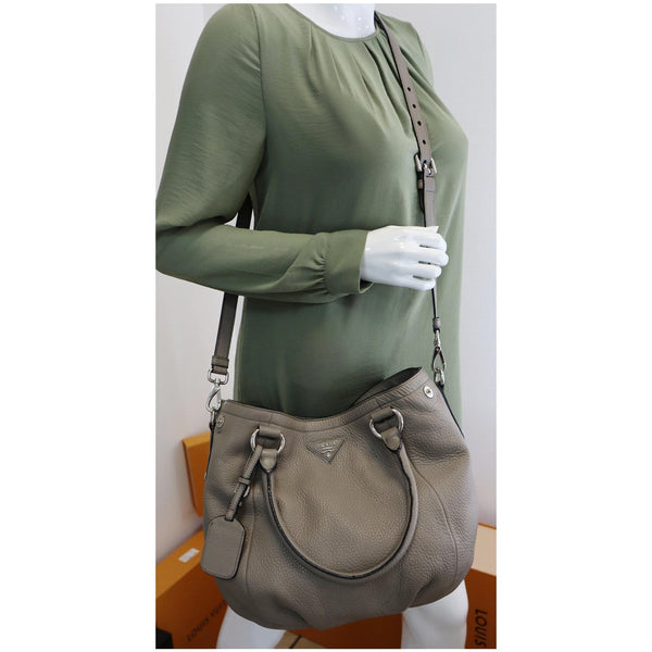 PRADA Vitello Daino Leather Tote Crossbody Bag Taupe BN2792