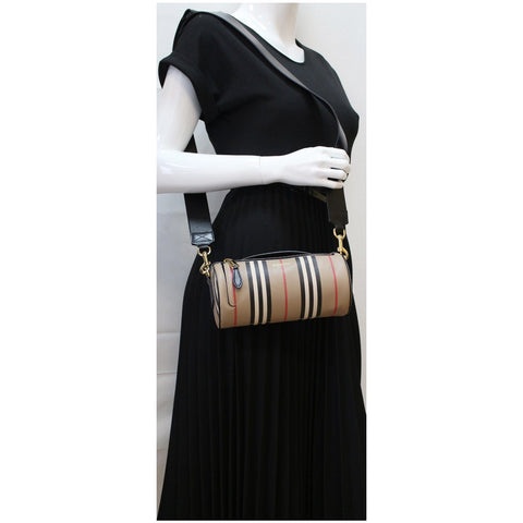 BURBERRY Icon Stripe E-canvas Leather Barrel Shoulder Bag Beige