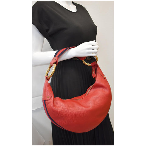 GUCCI Pebbled Leather Bamboo Ring Hobo Bag Red 131036