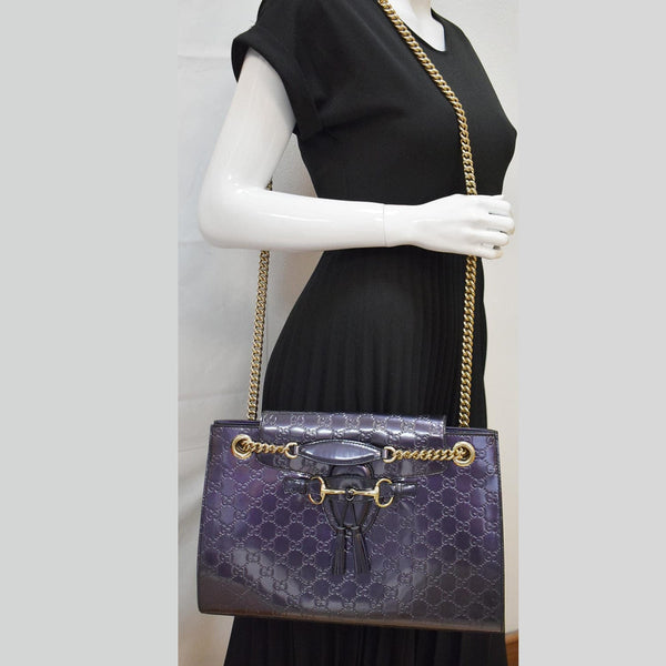 GUCCI Emily Large Guccissima Patent Leather Shoulder Bag Dark Violet 295403