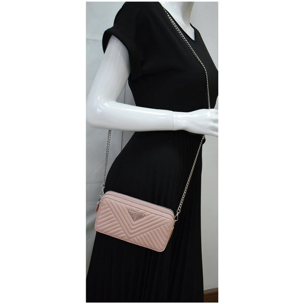 PRADA Nappa Mini Impunture Bandoliera Chain Leather Crossbody Bag Orchidea