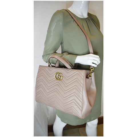 GUCCI GG Marmont Medium Matelasse Leather Top Handle Bag Taupe 443505