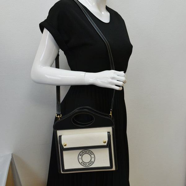 BURBERRY Mini Logo Graphic Canvas Leather Pocket Tote Bag Natural