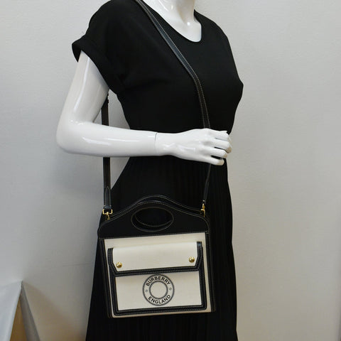 BURBERRY Mini Logo Graphic Canvas Leather Pocket Tote Bag Natural