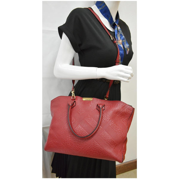 BURBERRY Dewsbury Medium Grain Check Embossed Tote Bag Red