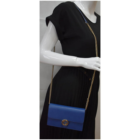 GUCCI Dollar Interlocking G Calfskin Leather Chain Wallet Crossbody Bag Blue 510314