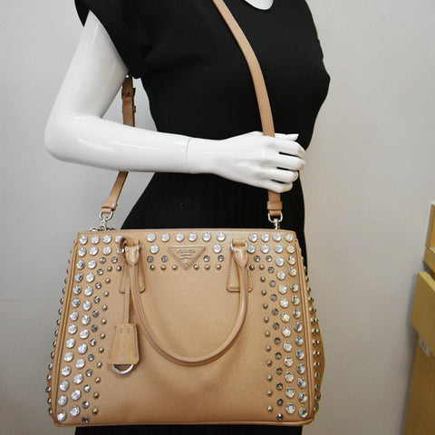 PRADA Women Vernice Crystal Studded Saffiano Leather Top Handle Shoulder Bag Beige