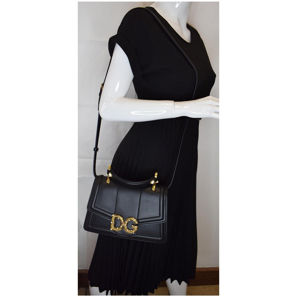 DOLCE & GABBANA Amore Calfskin Leather Shoulder Bag Black