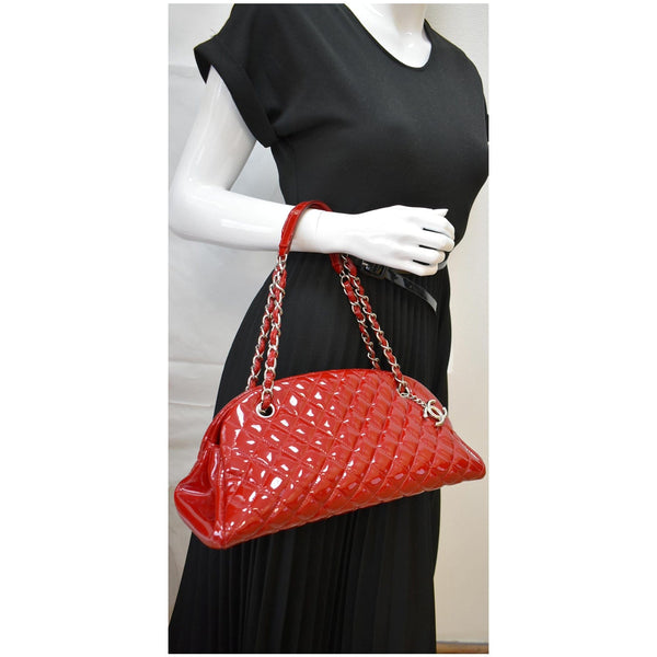 CHANEL Just Mademoiselle Patent Leather Bowling Bag Red