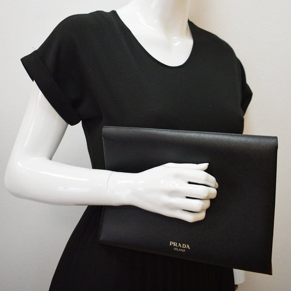PRADA Document Holder Saffiano Leather Pouch Black