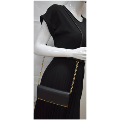 BURBERRY Henley House Check Leather Wallet On Chain Crossbody Bag Black