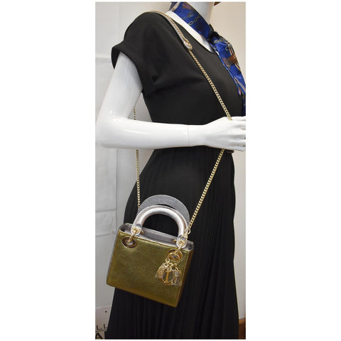 CHRISTIAN DIOR Mini Lady Dior Lizard Print Chain Shoulder Bag Metallic Gold