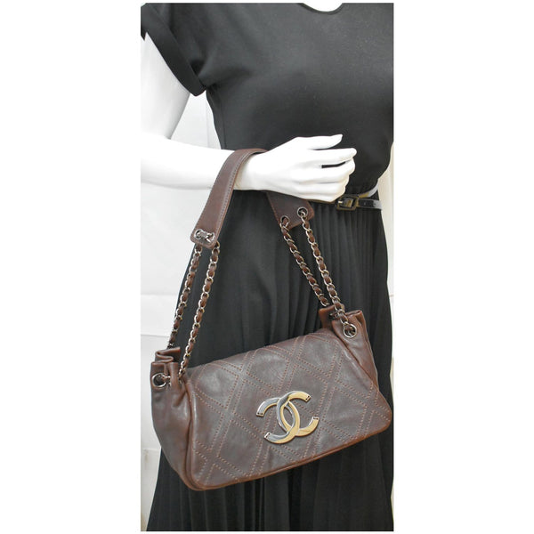 CHANEL Accordion Flap Calfskin Diamond Stitch Shoulder Bag Brown