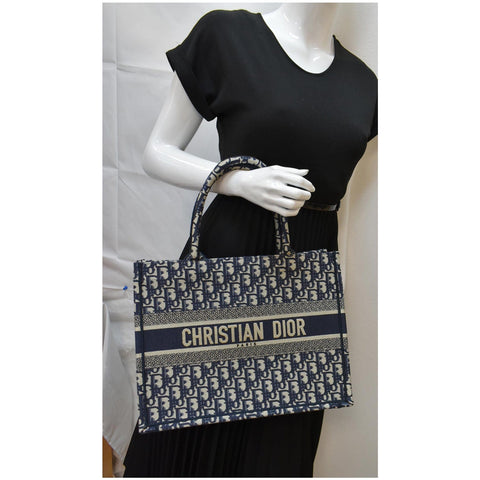CHRISTIAN DIOR Book Medium Oblique Embroidery Tote Bag Blue