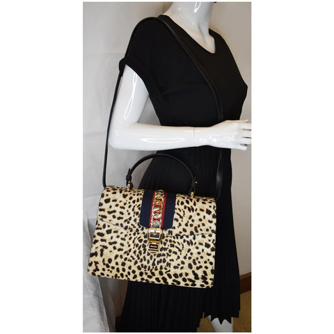 GUCCI Leopard Print Sylvie Medium Calf Hair Top Handle Bag Beige 431665