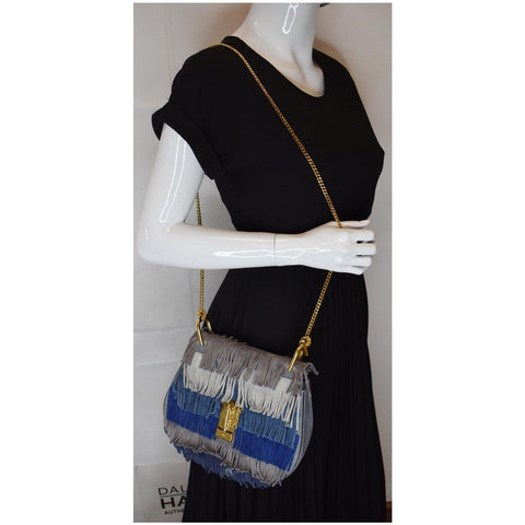 CHLOE Fringe Drew Suede Leather Shoulder Bag Grey