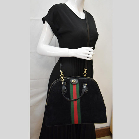 GUCCI Ophidia GG Suede Web Top Handle Crossbody Bag Black 524533