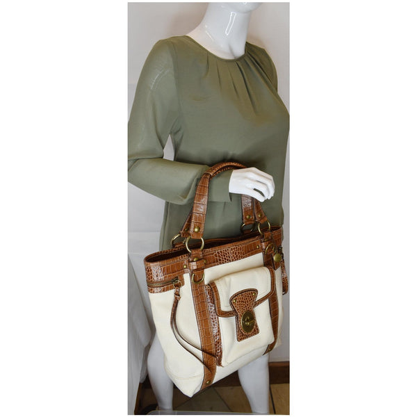 COACH MO669-10648 Canvas Embossed Leather Tote Bag Brown/Ivory