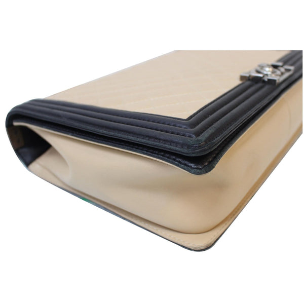 CHANEL Bi-Color Large Boy Flap Quilted Lambskin Leather Shoulder Bag Beige